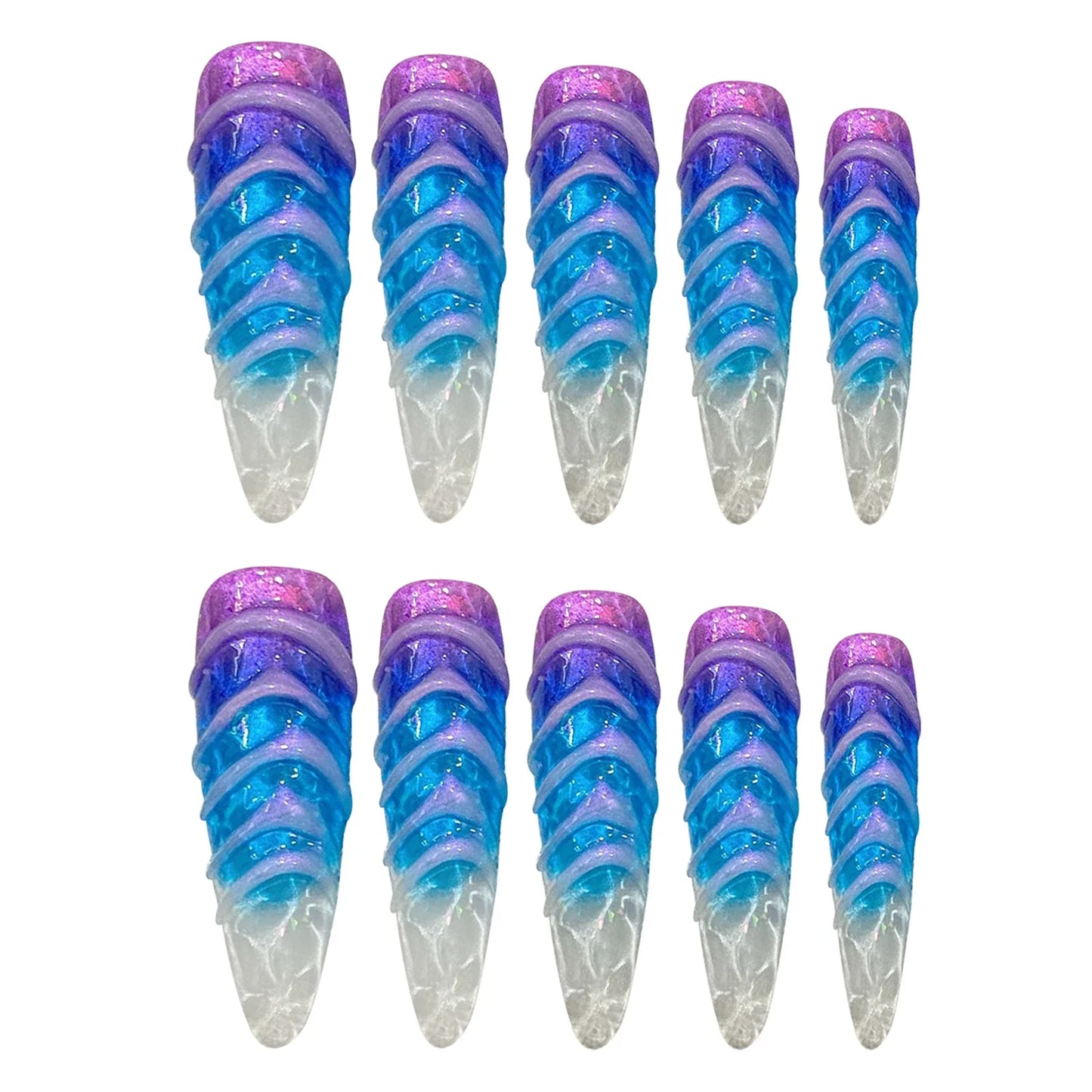 10 uñas postizas hechas a mano con degradado azul y morado, ondas de agua 3D, estilo francés, cielo estrellado, largas, bailarinas.