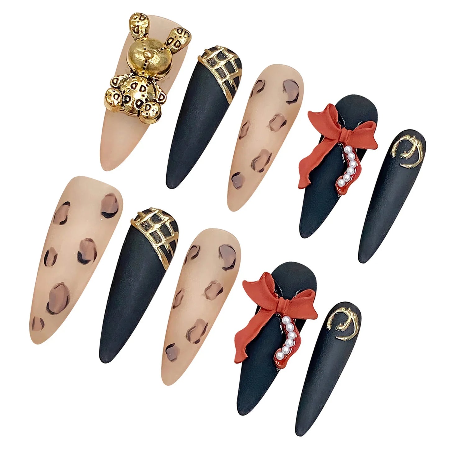 10 uñas postizas con estampado de leopardo, diseño de oso dorado 3D, lazo rojo, estilo barroco, hechas a mano, de lujo, largas y pesadas, con punta de aguja.
