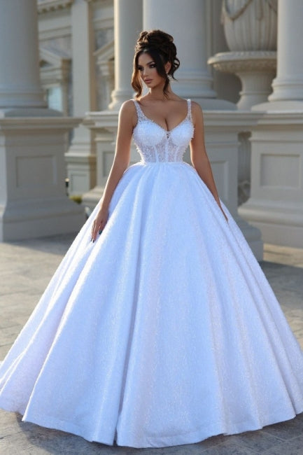 Sexy bodenlange Träger ärmellose V-Ausschnitt Perlen verziert Ballkleid Brautkleider mit Spitze