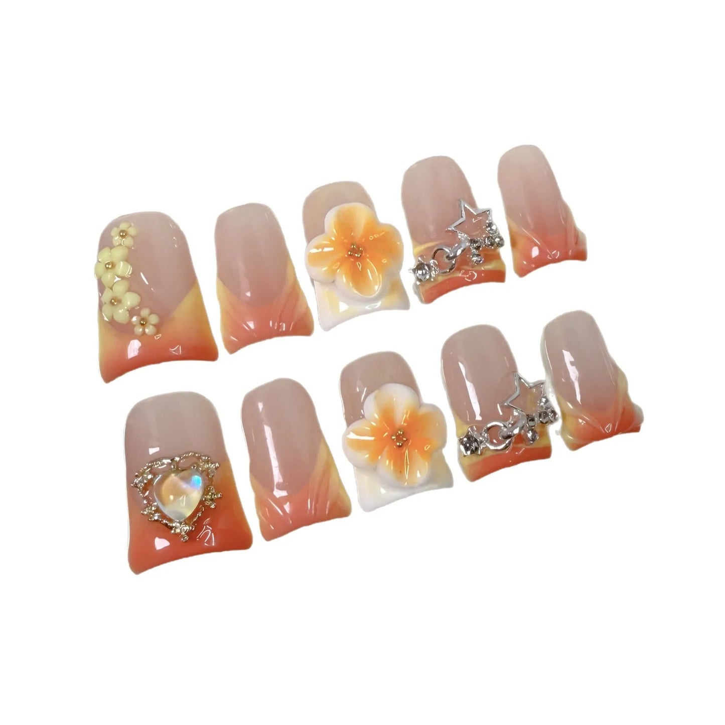 10 Stück Handgemachte Press On Nails Farbverlauf Vitalität Orange Französischer Stil Gefälschte Nägel Y2k Stern 3D Schnitzerei Blumendekor Sommer Falsche Nägel