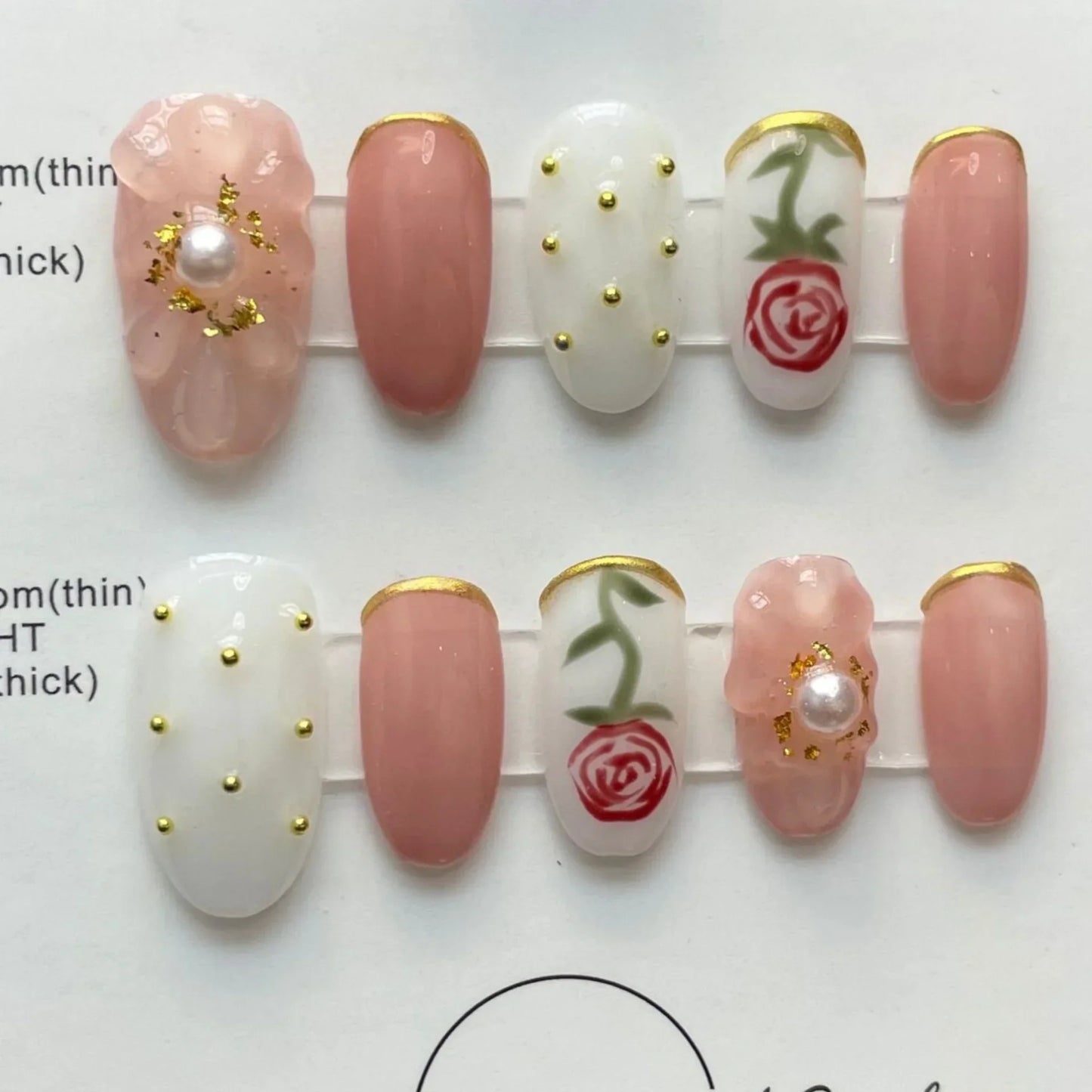 10 uñas postizas románticas de rosas hechas a mano con diseños de flores rojas pintadas a mano, uñas postizas cortas estilo almendra francesa.