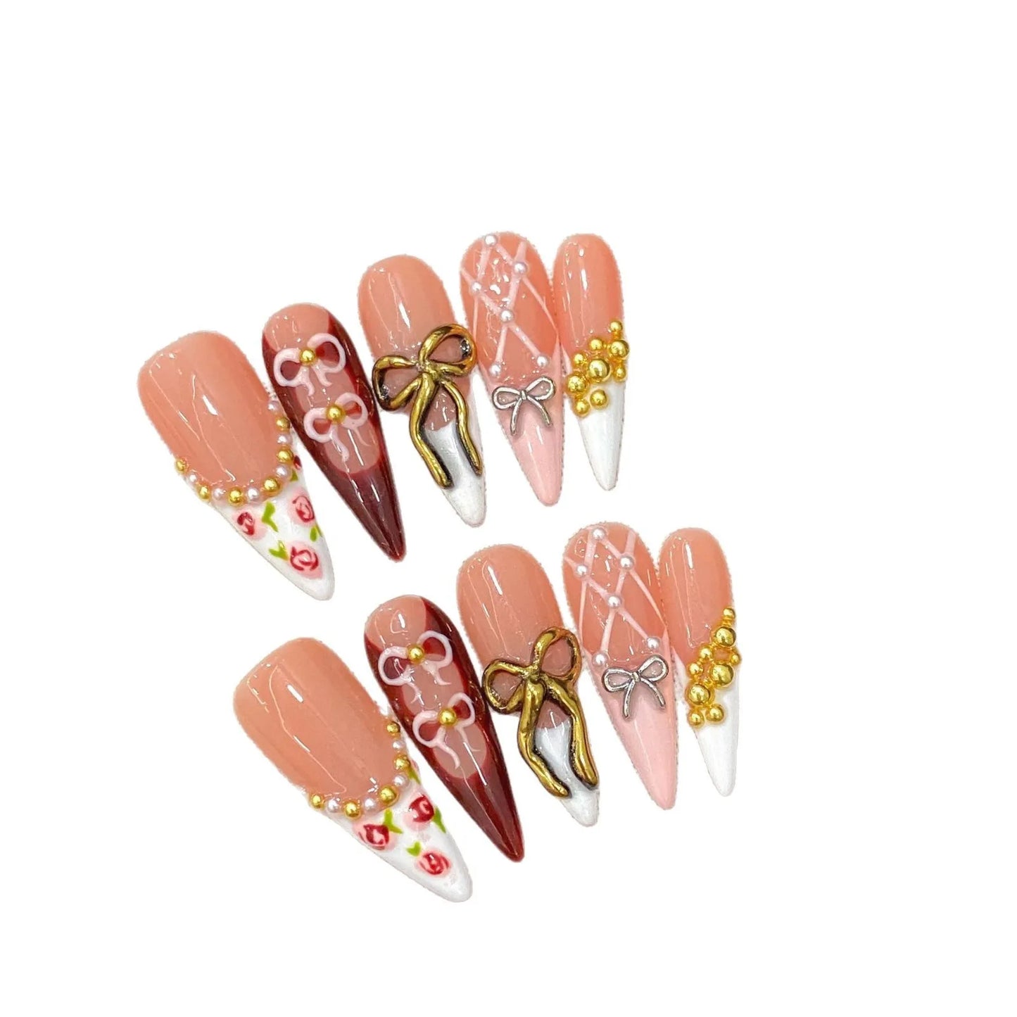 10 uñas postizas retro con lazo, color rosa brillante, largas, de aguja, blancas, estilo francés, hechas a mano, con diseño de flores de primavera.