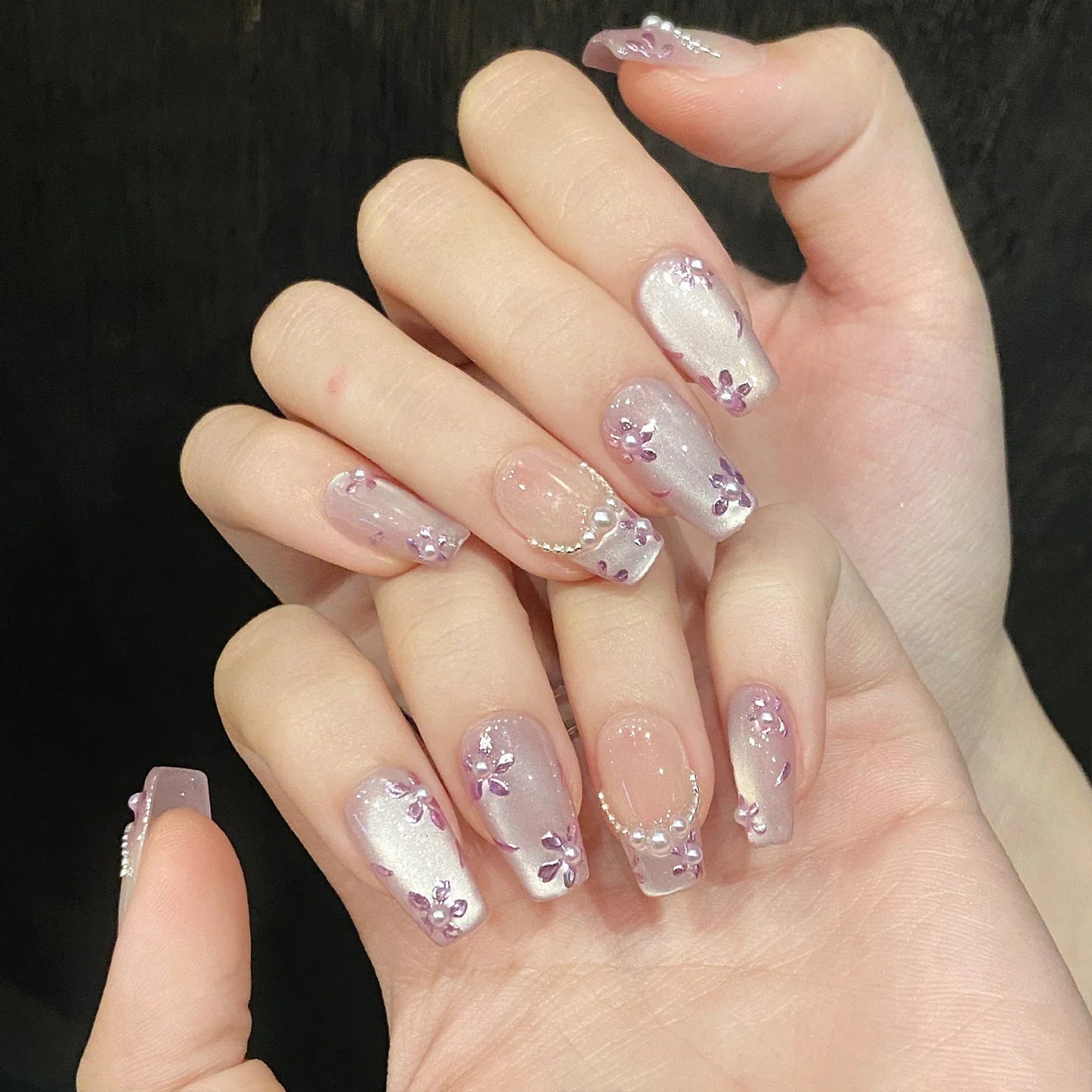 10 uñas postizas hechas a mano, estilo francés, morado claro, con diseño de ojo de gato, con delicados diseños florales, fáciles de usar.