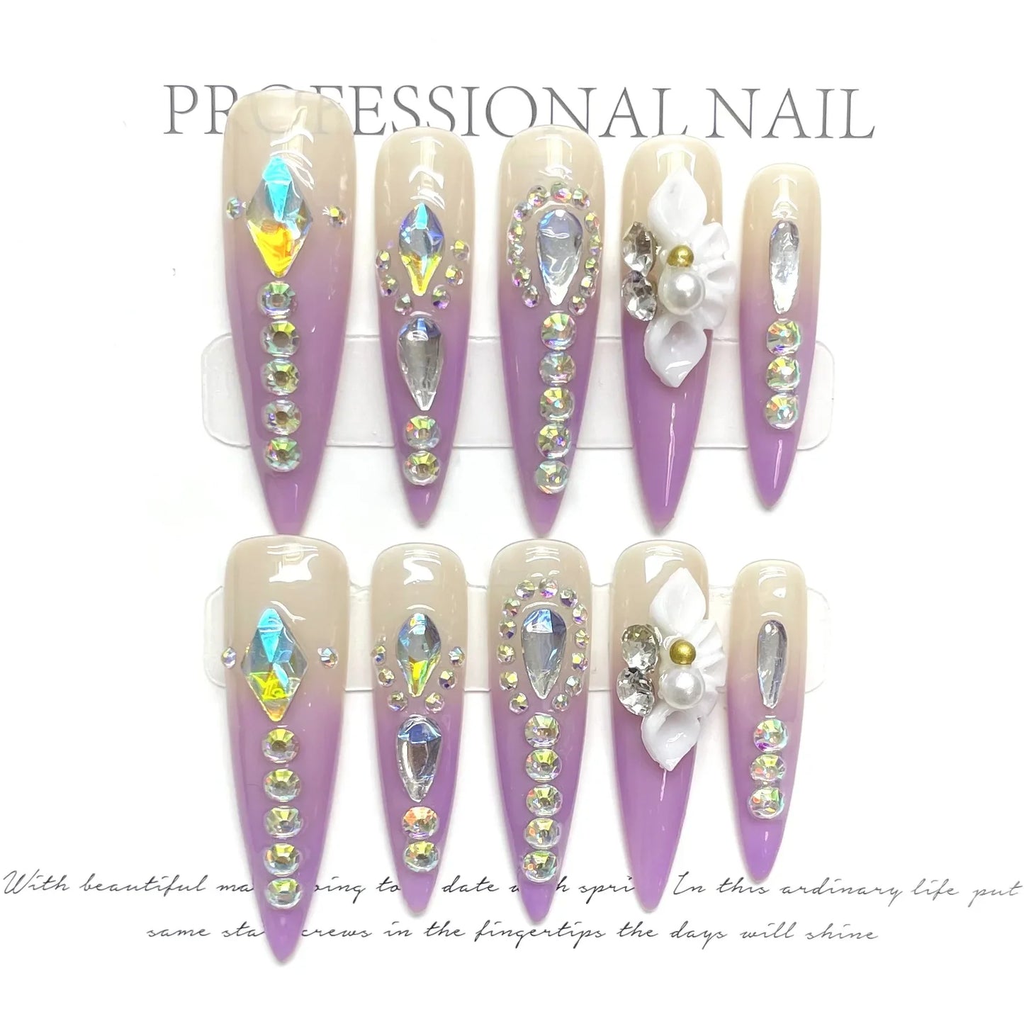 10 uñas postizas hechas a mano con diamantes brillantes, ligeras, de lujo, largas y puntiagudas, cobertura completa, uñas postizas Y2k, regalos de Año Nuevo.