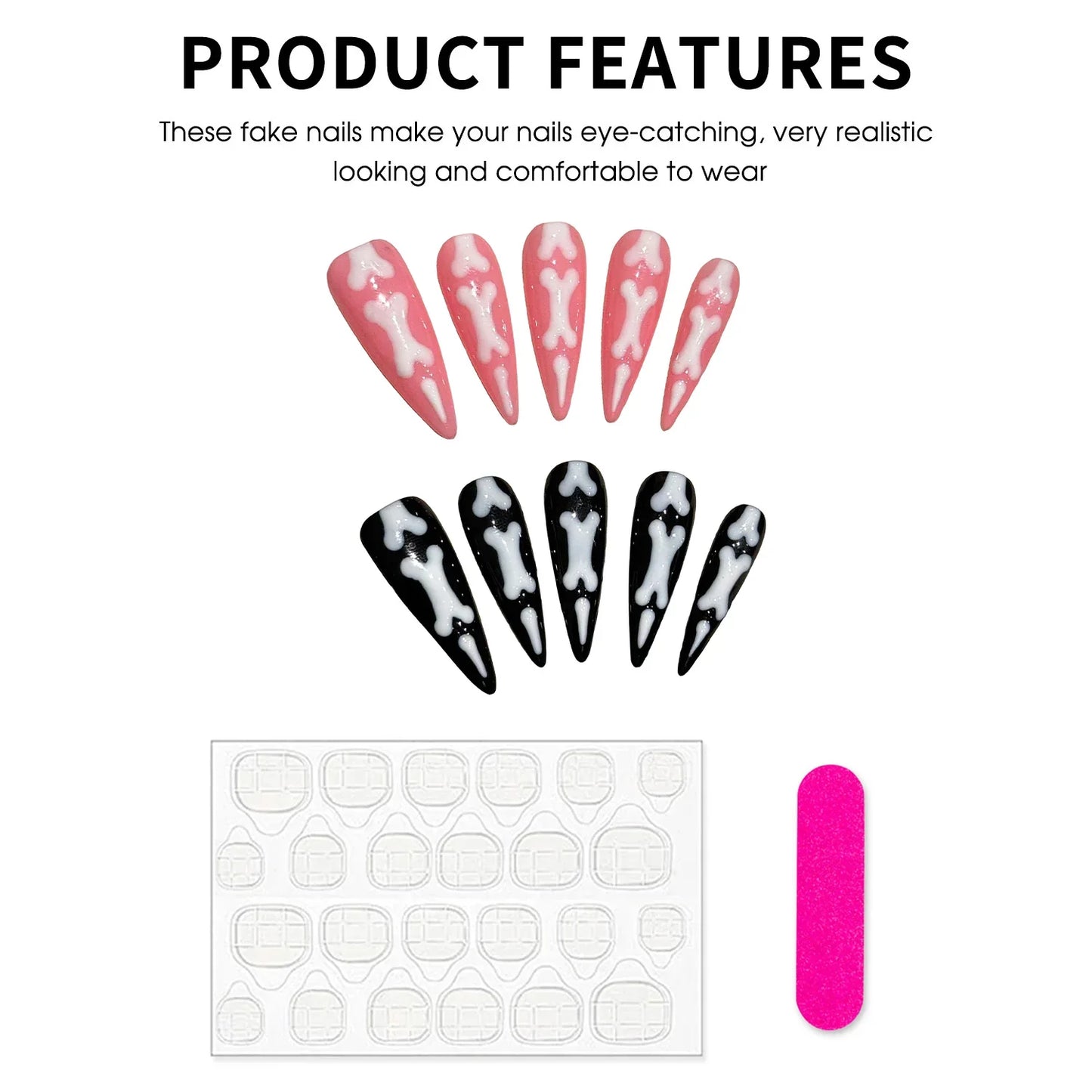 10 uñas postizas con temática de Halloween, hechas a mano, con diseño de garra de gato en degradado, color rosa y negro, con parches largos de aguja.