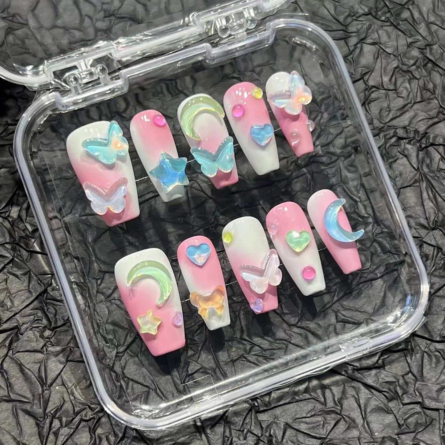 10 uñas postizas desmontables de color crema de azúcar, brillantes, hechas a mano, moradas brillantes, con diseño de luna y estrella 3D.