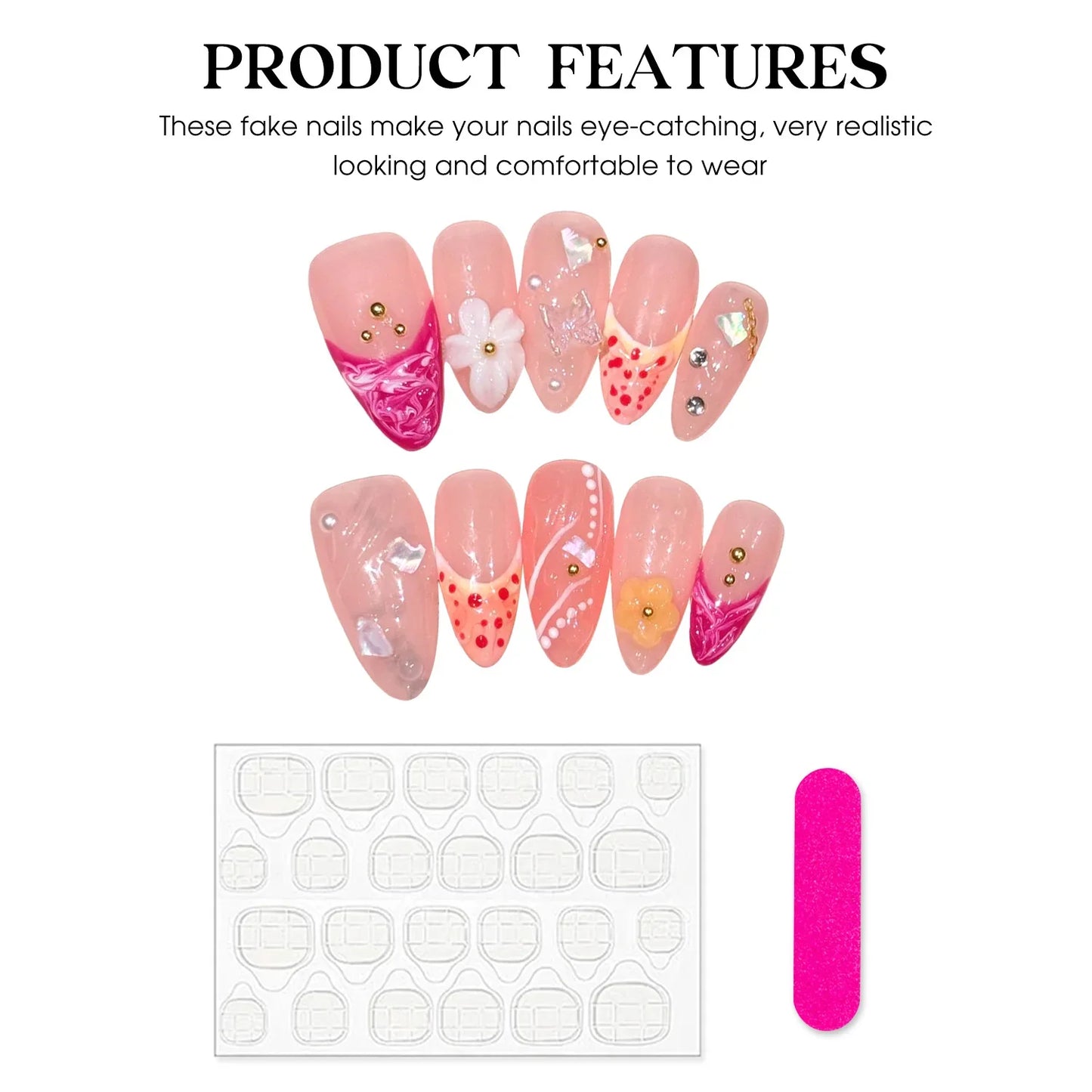10 uñas postizas de almendra hechas a mano, estilo francés, color rosa claro, con parches de flores y diamantes de imitación.