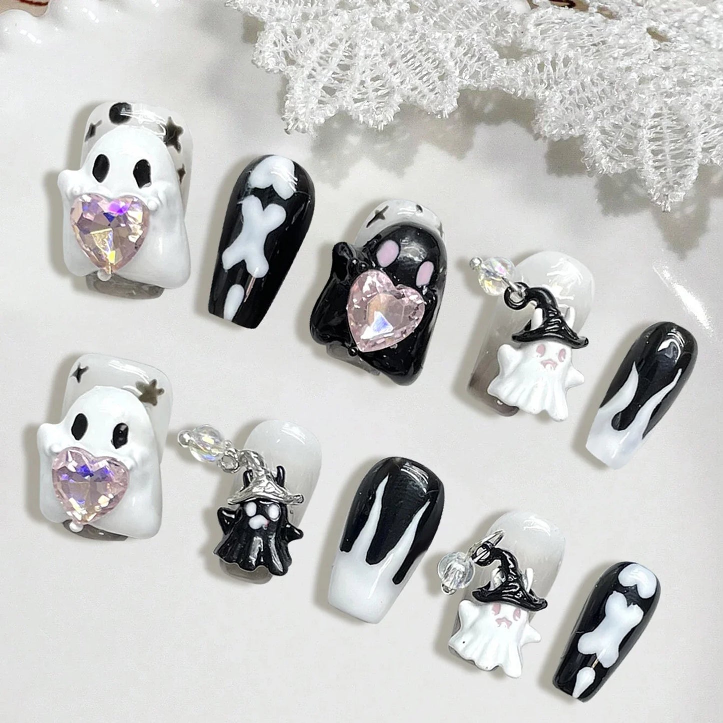 10 uñas postizas con temática de Halloween, diseño 3D de corazón de diablo, uñas postizas redondas cortas de color rosa, hechas a mano.