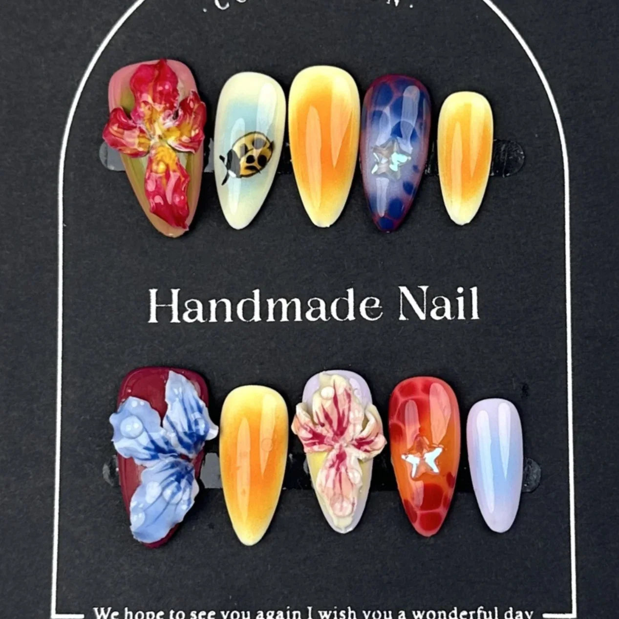 10 uñas postizas 3D con diseño de flor de diablo talladas a mano, con degradado rosa, almendra, hechas a mano, con lentejuelas brillantes, para verano.