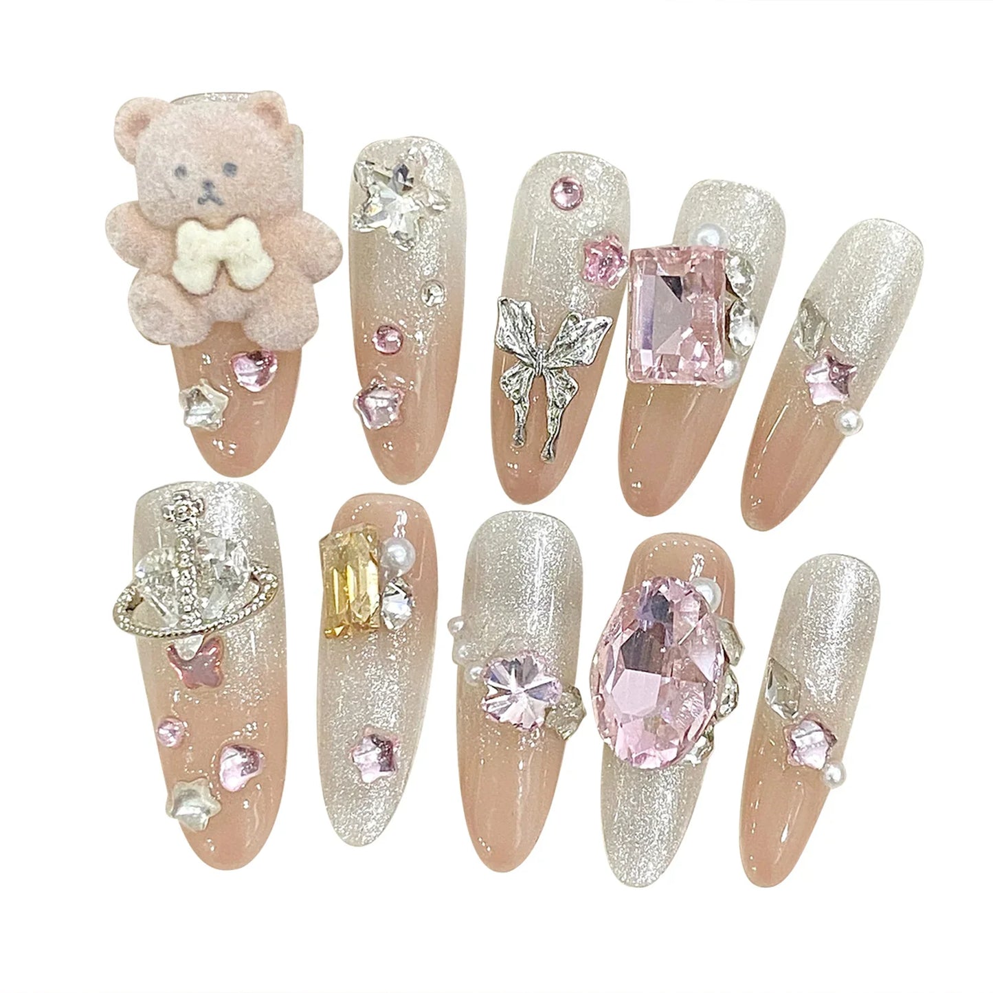 10 Stück Handgemachte Press On Nails Glitzer Diamant Schmetterling Niedliche Bären Dekor Falsche Nagelspitzen Tragbare Fake Nail Patches im französischen Stil