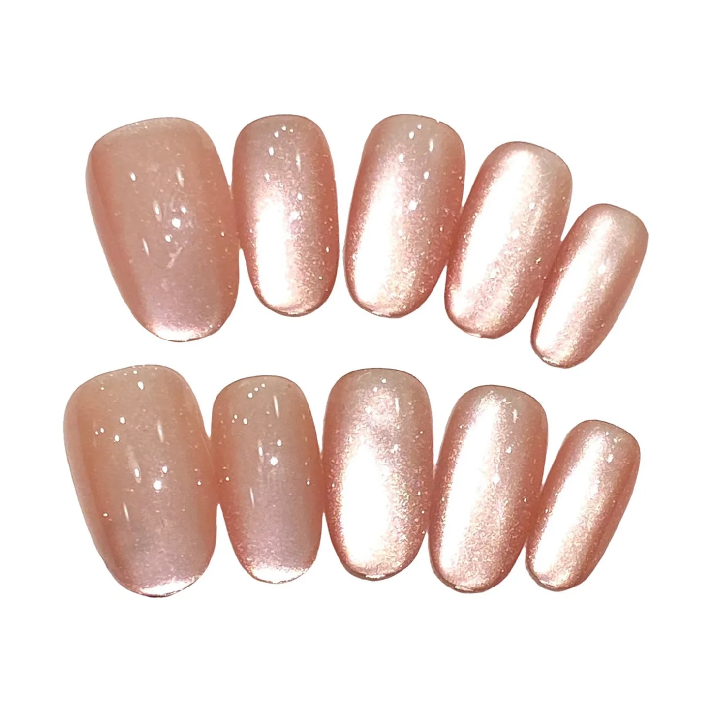 10 uñas postizas hechas a mano, color nude brillante, estilo ojo de gato, cobertura total, parches de bailarina para usar.