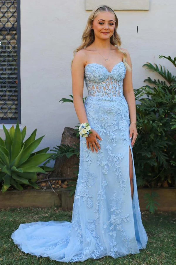 Vestido de fiesta largo con corsé negro, sin tirantes y encaje, con abertura