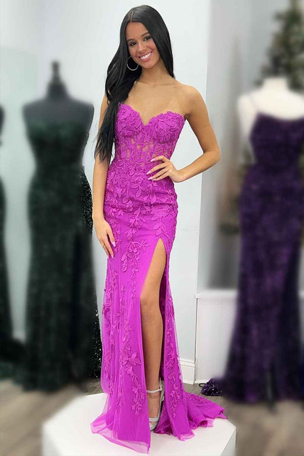 Vestido de fiesta largo con corsé negro, sin tirantes y encaje, con abertura