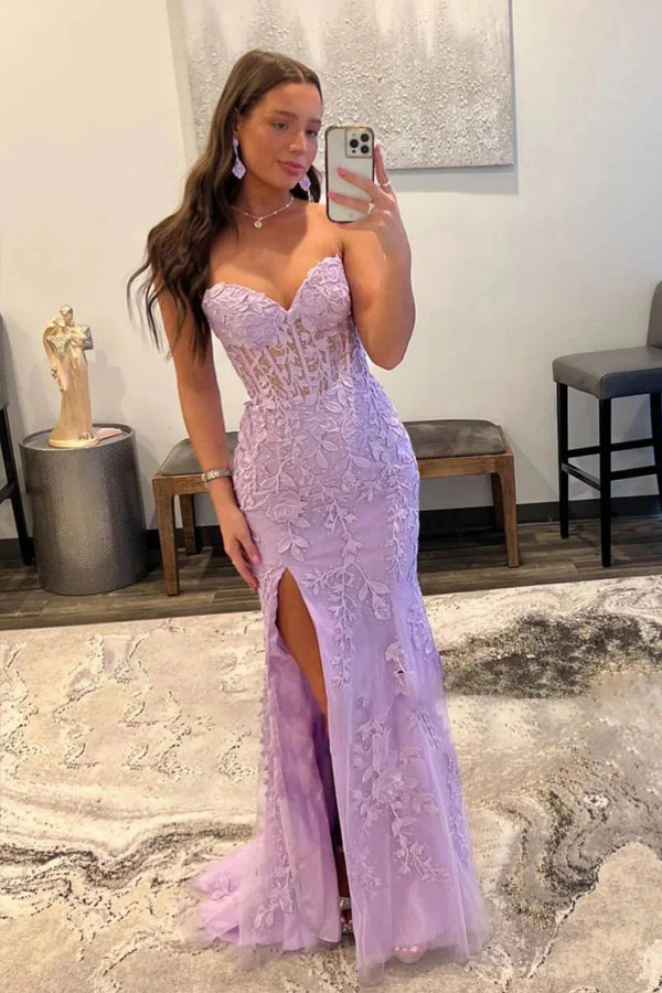 Vestido de fiesta largo con corsé negro, sin tirantes y encaje, con abertura