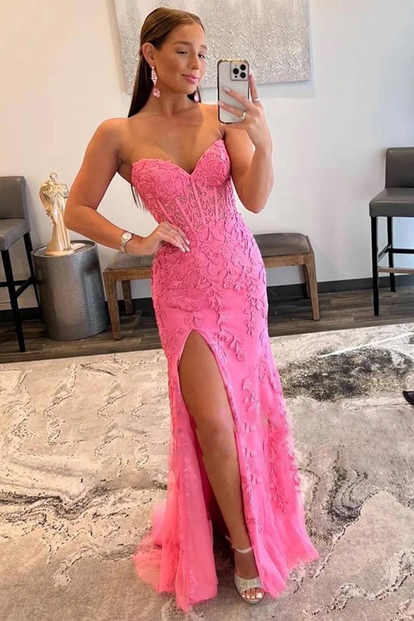 Vestido de fiesta largo con corsé negro, sin tirantes y encaje, con abertura