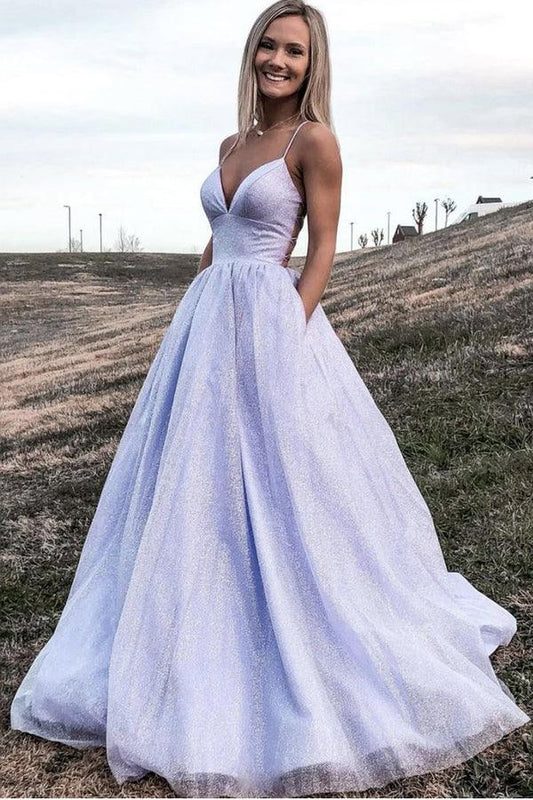 Vestido formal de fiesta de tul con escote en V, corte A y bolsillo, color lavanda brillante