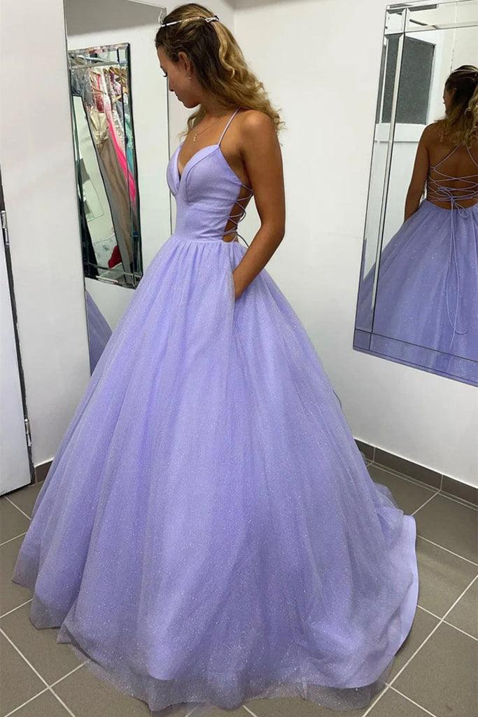 Vestido formal de fiesta de tul con escote en V, corte A y bolsillo, color lavanda brillante