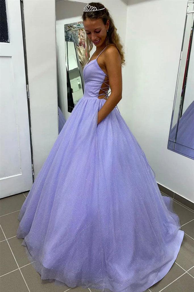 Vestido formal de fiesta de tul con escote en V, corte A y bolsillo, color lavanda brillante
