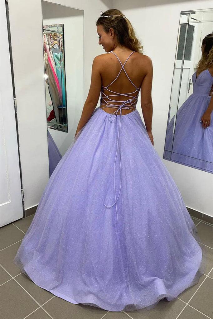 Vestido formal de fiesta de tul con escote en V, corte A y bolsillo, color lavanda brillante