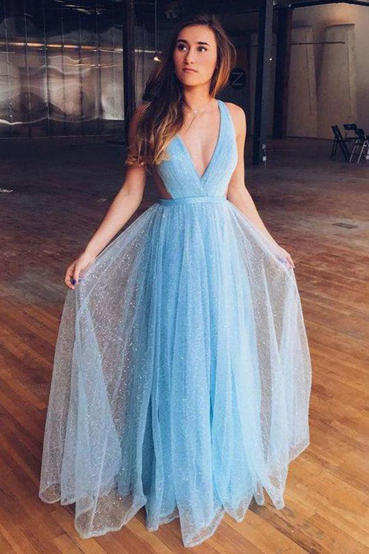 Vestido de fiesta largo de tul con escote en V azul claro brillante para adolescentes