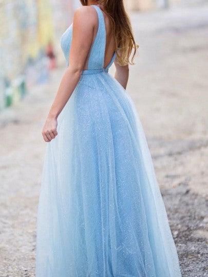Vestido de fiesta largo de tul con escote en V azul claro brillante para adolescentes