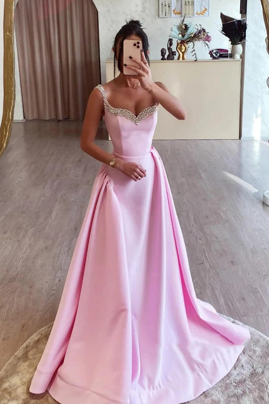 Vestidos de fiesta largos de satén rosa con corte A y cuentas