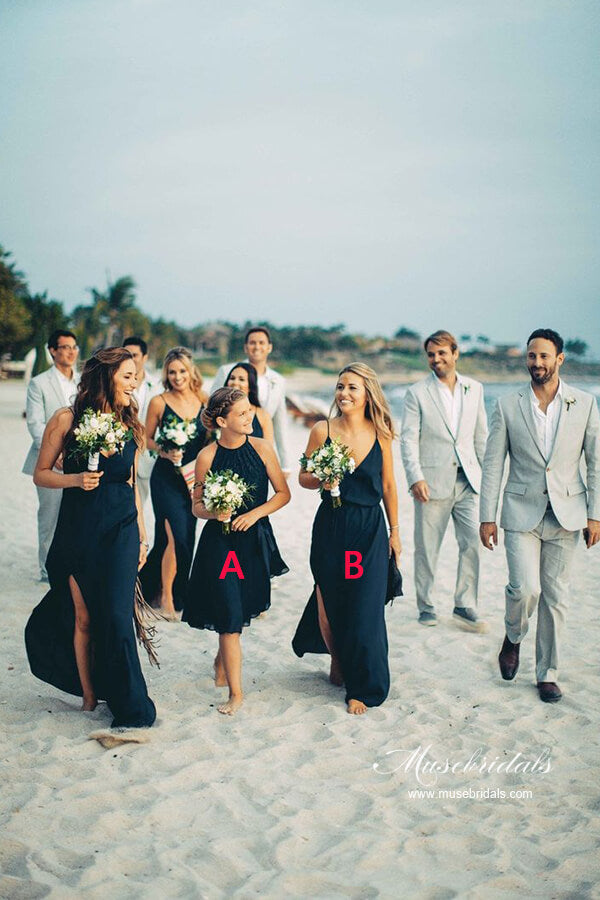 Simple Navy Chiffon A-line Spaghetti Straps Bridesmaid Dresses With Slit