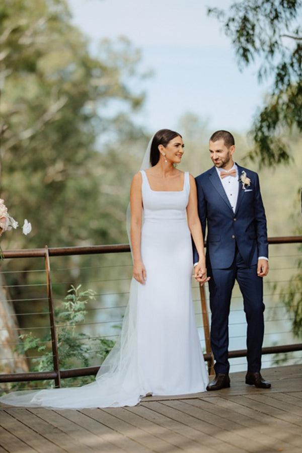 Simple Sheath Square Neck Long Backless Wedding Dress