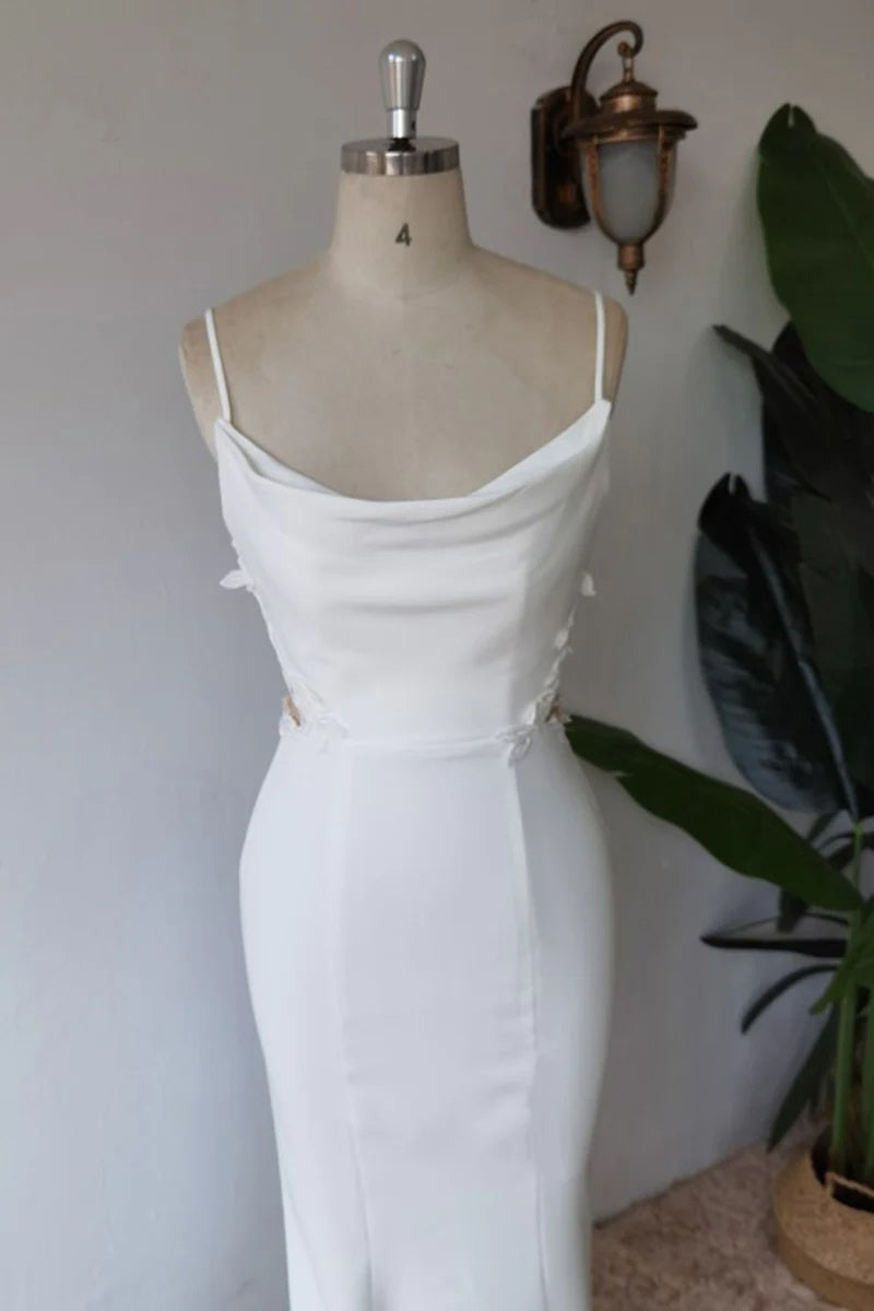 Simple Spaghetti Straps Satin Mermaid Modest Wedding Dress