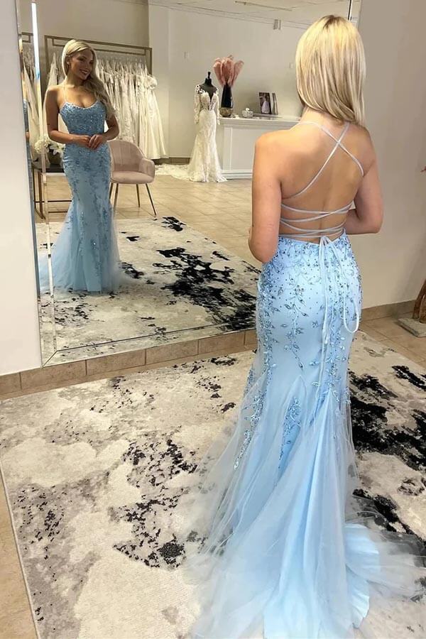 Vestidos de fiesta largos de tul con tirantes finos y sirena con encaje