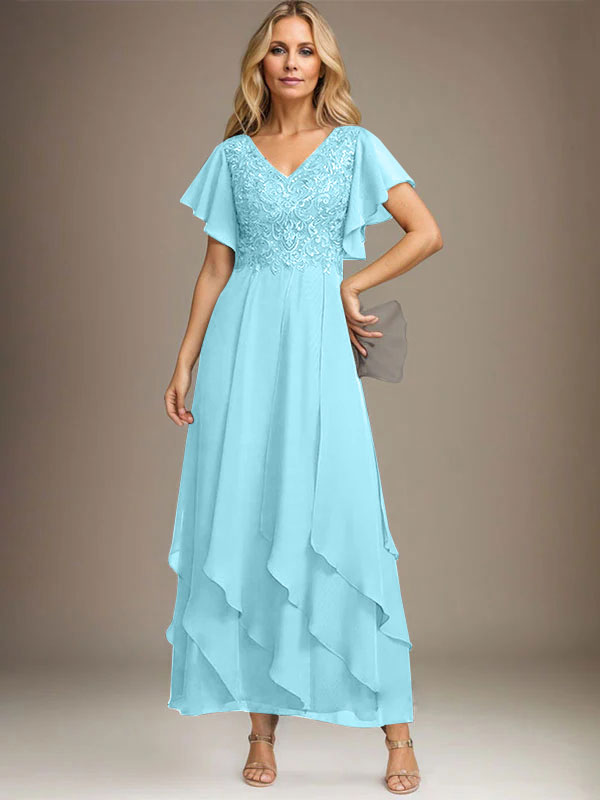 A-Linien-Kleid mit V-Ausschnitt, knöchellang, Spitzenchiffon und kaskadierenden Rüschen