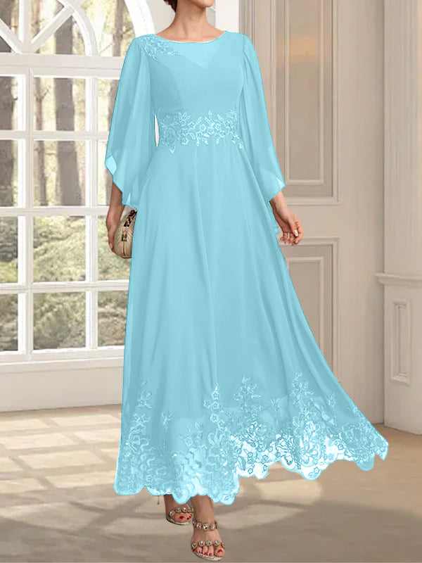 Vestido de gasa con encaje y lentejuelas para madre de la novia, corte A, escote ilusión, largo hasta los tobillos
