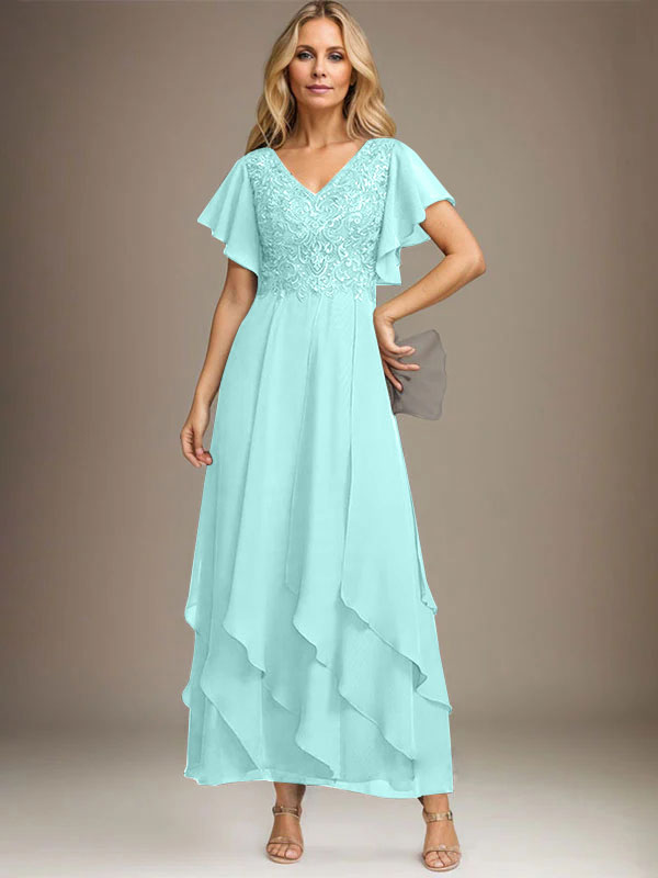 A-Linien-Kleid mit V-Ausschnitt, knöchellang, Spitzenchiffon und kaskadierenden Rüschen