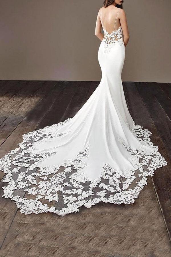 Spaghetti Strap Backless Applique Fitted Mermaid Wedding Dresses