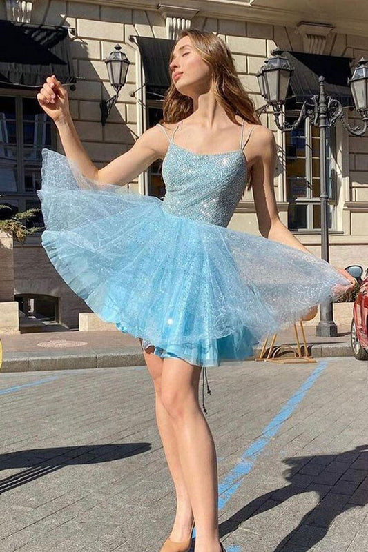 Vestido de fiesta azul brillante con tirantes finos y corte en A, vestidos de fiesta cortos