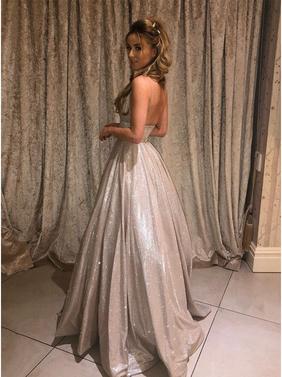 Sparkly Lavender A-line V-neck Spaghetti Straps Prom Dresses, Evening Dress