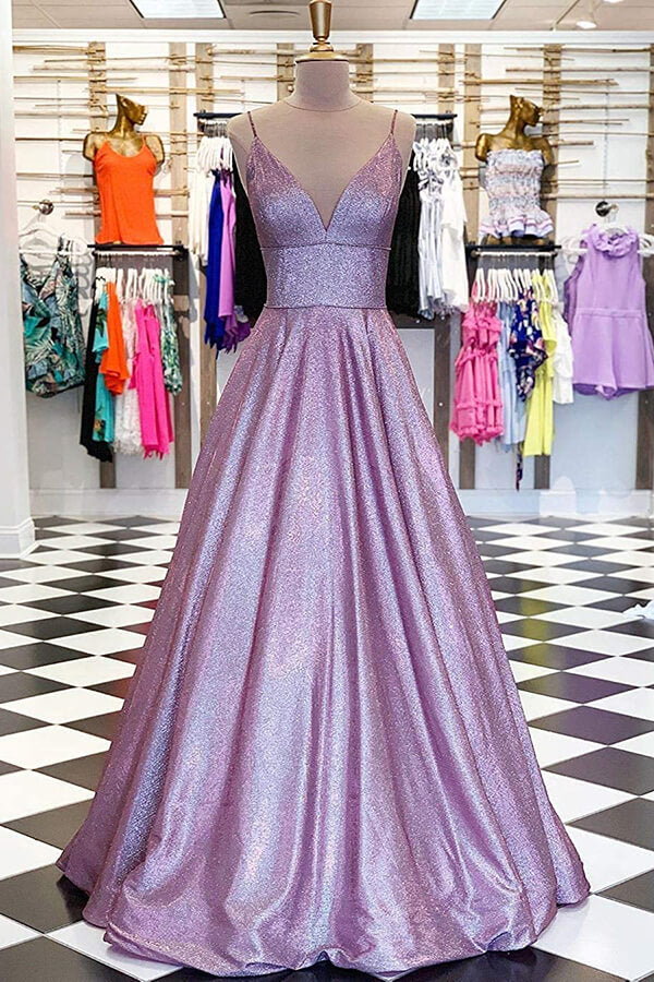 Sparkly Lavender A-line V-neck Spaghetti Straps Prom Dresses, Evening Dress