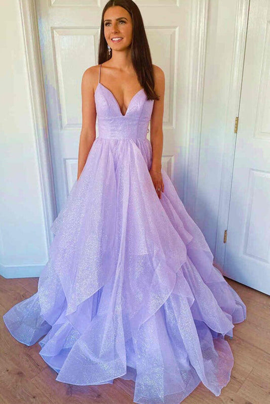 Vestido de fiesta de princesa con corte A de tul escalonado en lavanda brillante, vestido de noche