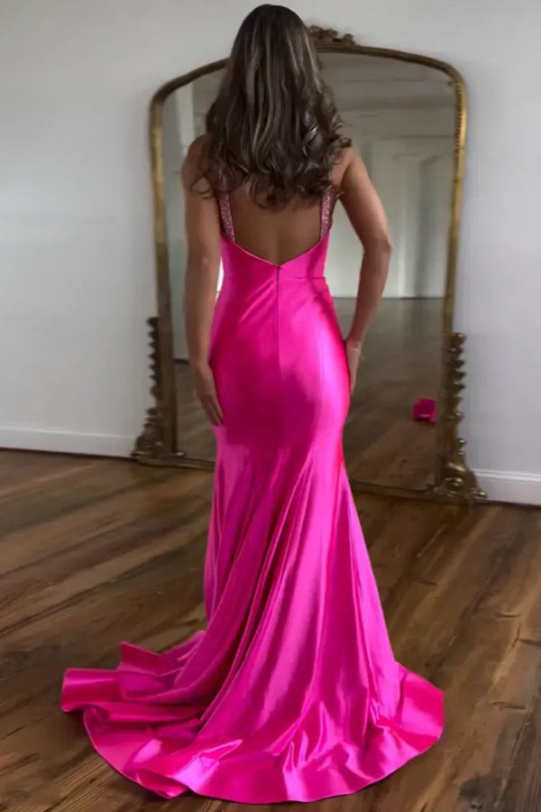 Vestido de fiesta largo plateado de sirena brillante con cuentas
