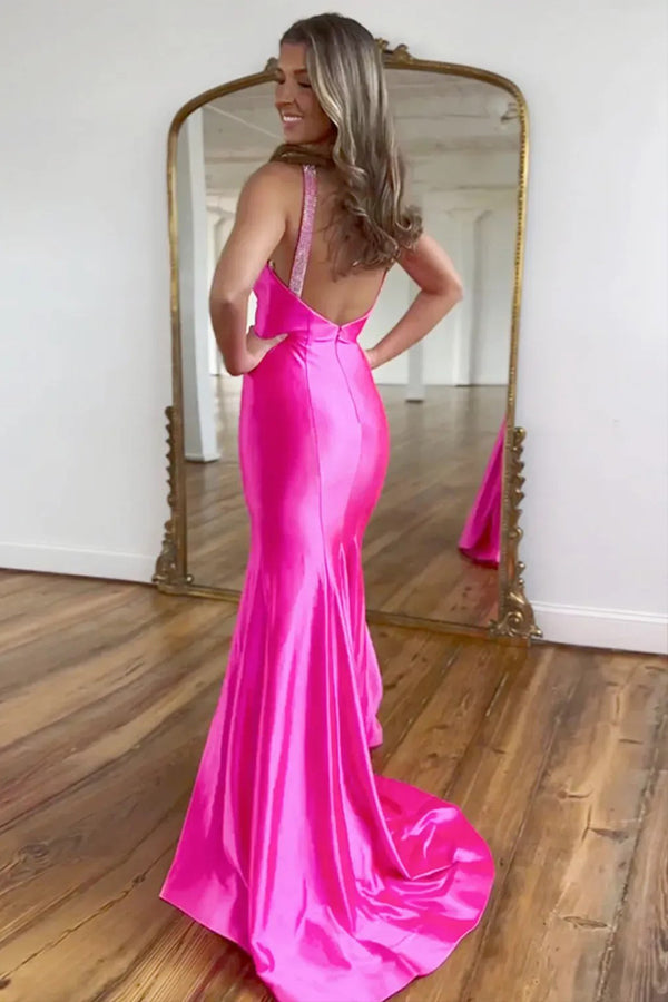 Vestido de fiesta largo plateado de sirena brillante con cuentas