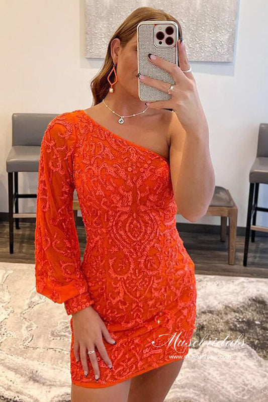 Minivestido de fiesta con lentejuelas y un solo hombro en color naranja brillante