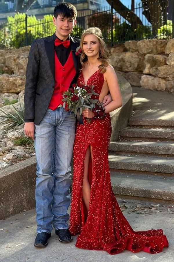 Vestidos de fiesta largos con escote en V y sirena con lentejuelas rojas brillantes y abertura alta