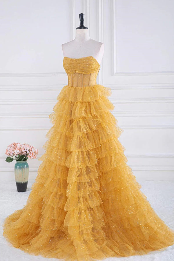 Sparkly Tiered Ruffles Gold Prom Dress Strapless Evening Dress