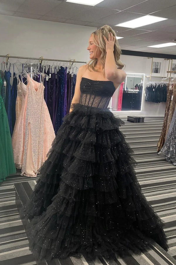 Sparkly Tiered Ruffles Gold Prom Dress Strapless Evening Dress