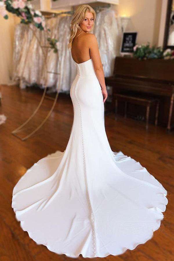 Strapless Chapel Train Mermaid Long Satin Wedding Dresses