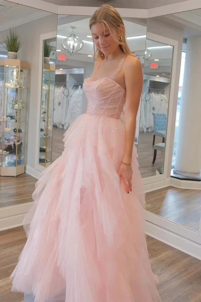 Impresionante vestido de fiesta sin tirantes de tul con cuentas y lentejuelas rosa claro