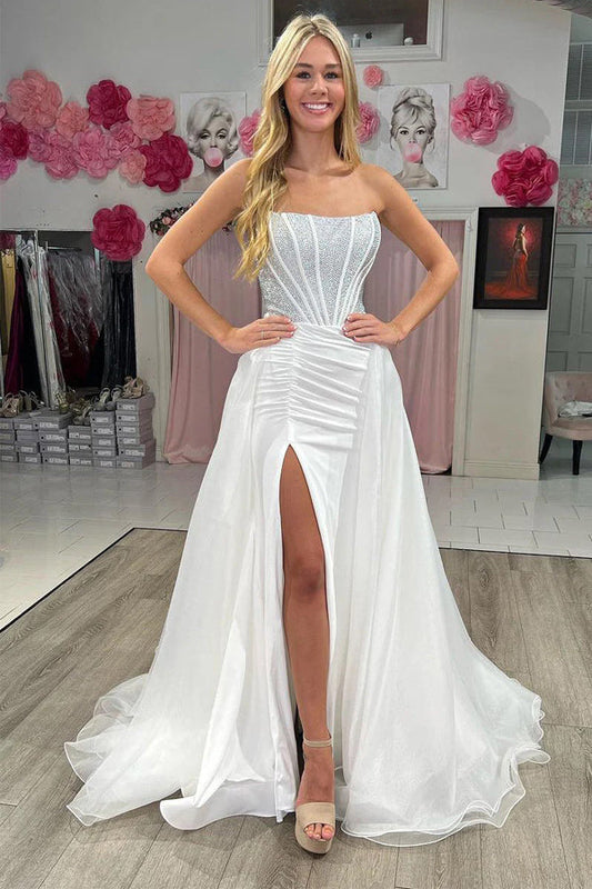 Vestidos de fiesta largos de sirena blancos sin tirantes con cuentas