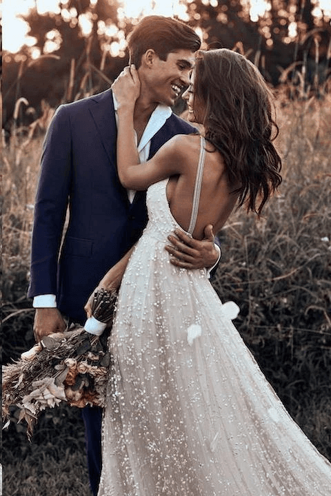 Straps Long Train A-line Lace Simple Rustic Backless Wedding Dress
