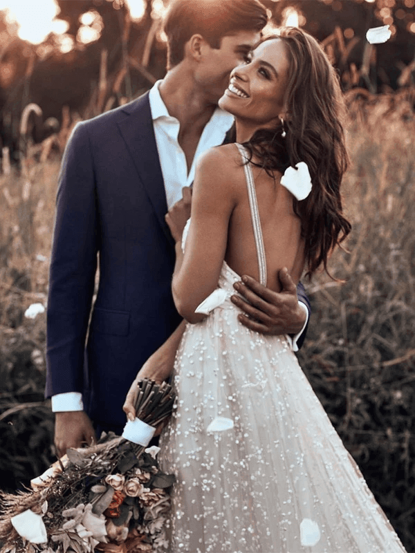 Straps Long Train A-line Lace Simple Rustic Backless Wedding Dress