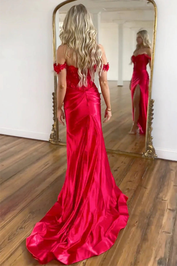Impresionante vestido de fiesta largo rojo con hombros descubiertos y flores 3D